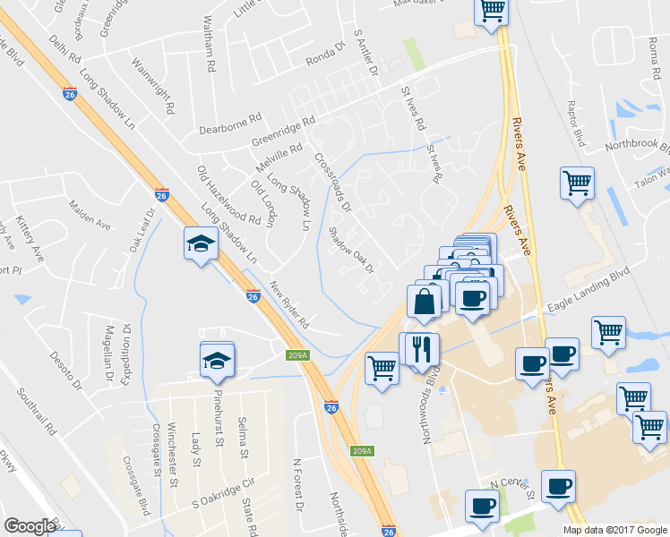 map of restaurants, bars, coffee shops, grocery stores, and more near 8059 Shadow Oak Drive in North Charleston