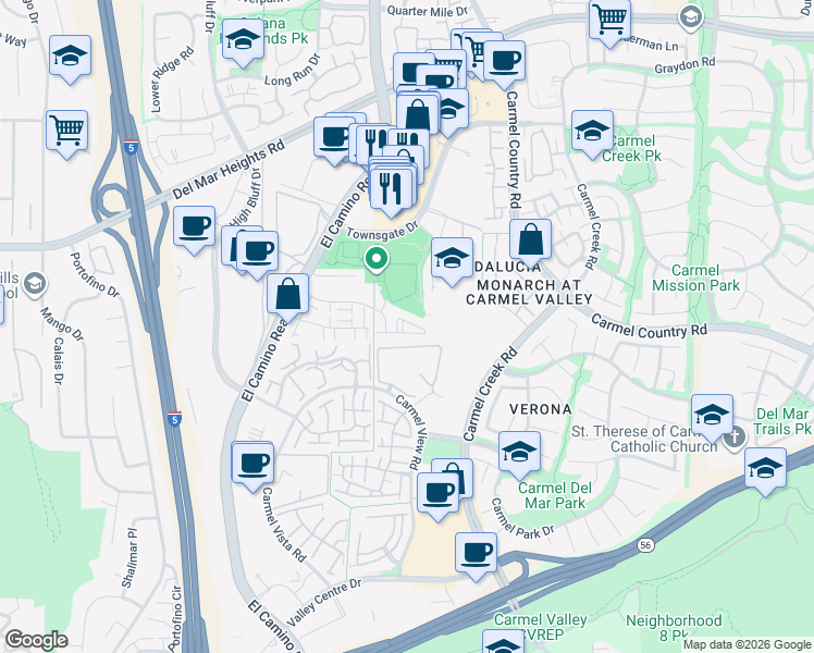 map of restaurants, bars, coffee shops, grocery stores, and more near 3850 Elijah Court in San Diego