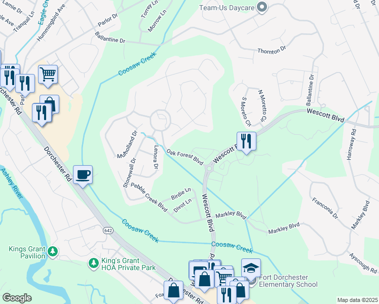 map of restaurants, bars, coffee shops, grocery stores, and more near 9426 Oak Forest Boulevard in Summerville