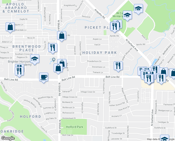 map of restaurants, bars, coffee shops, grocery stores, and more near 2117 Tiehack Lane in Garland