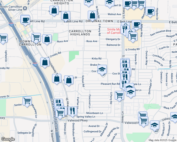 map of restaurants, bars, coffee shops, grocery stores, and more near 1601 South Perry Road in Carrollton
