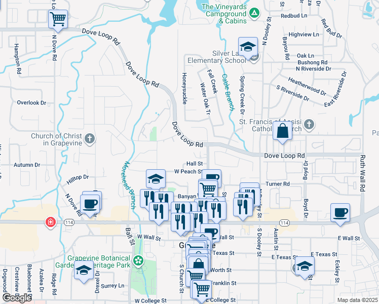 map of restaurants, bars, coffee shops, grocery stores, and more near 117 Wildwood Court in Grapevine