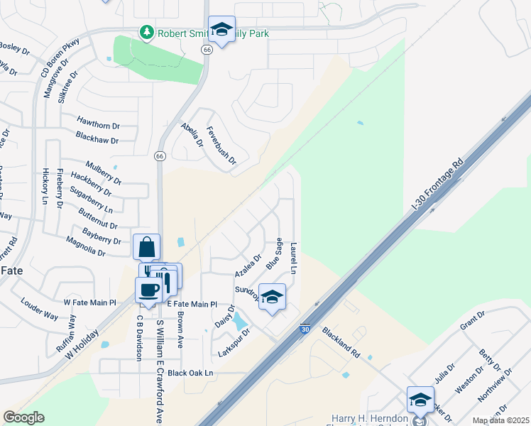 map of restaurants, bars, coffee shops, grocery stores, and more near 705 Windflower Drive in Rockwall