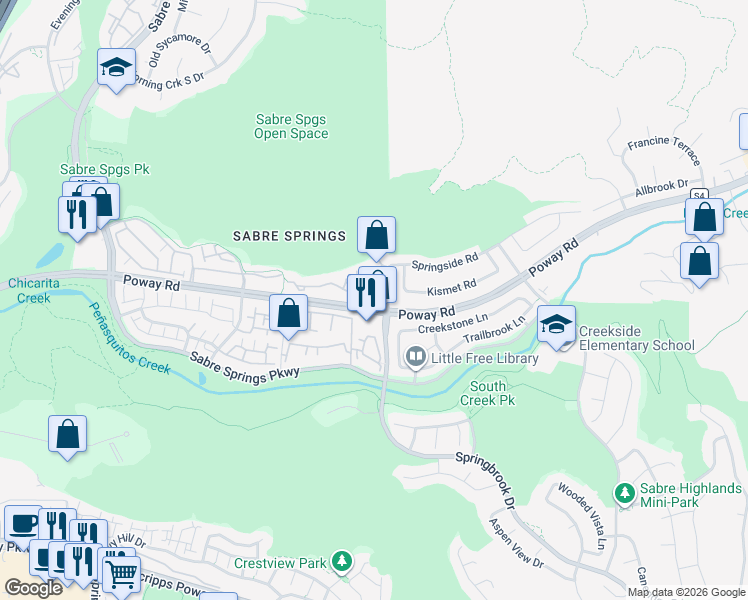 map of restaurants, bars, coffee shops, grocery stores, and more near 12676 Springbrook Drive in San Diego