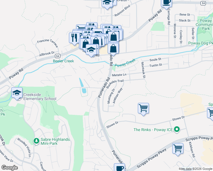 map of restaurants, bars, coffee shops, grocery stores, and more near 12314 Buckskin Trail in Poway