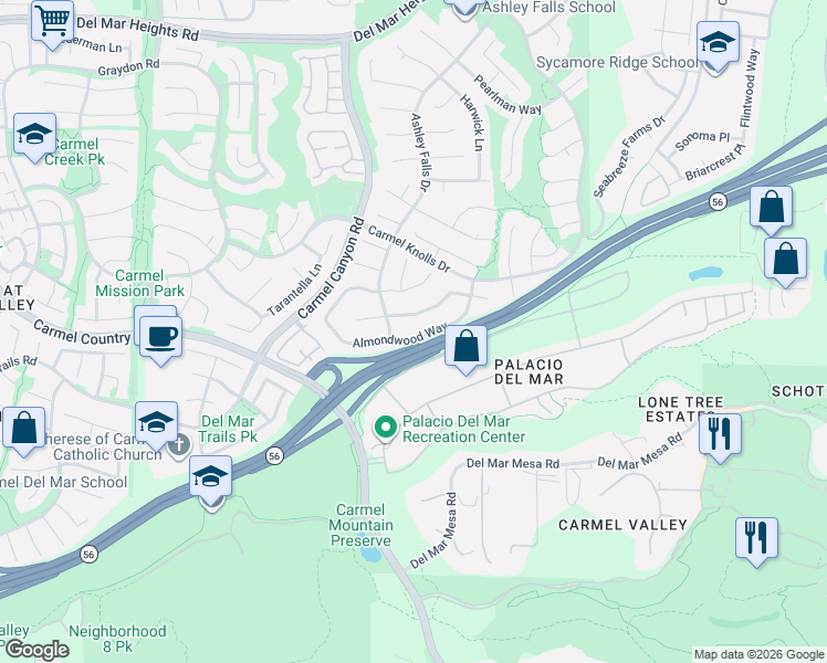 map of restaurants, bars, coffee shops, grocery stores, and more near 4926 Almondwood Way in San Diego