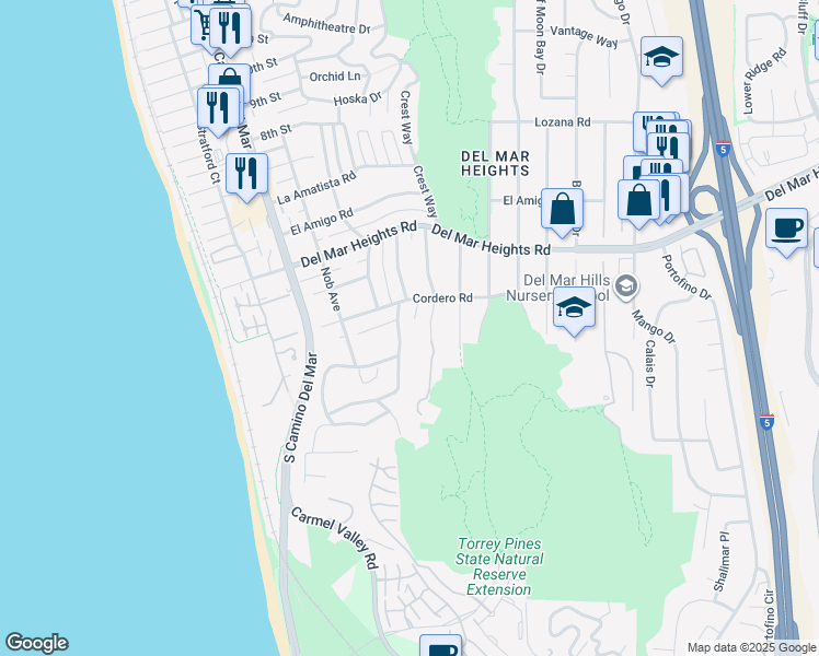 map of restaurants, bars, coffee shops, grocery stores, and more near 13635 Pine Needles Drive in Del Mar