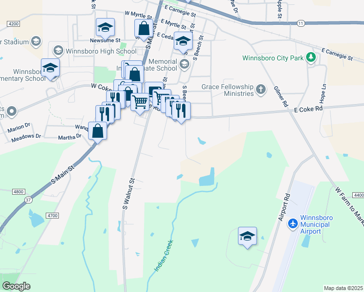 map of restaurants, bars, coffee shops, grocery stores, and more near 910 South Beech Street in Winnsboro