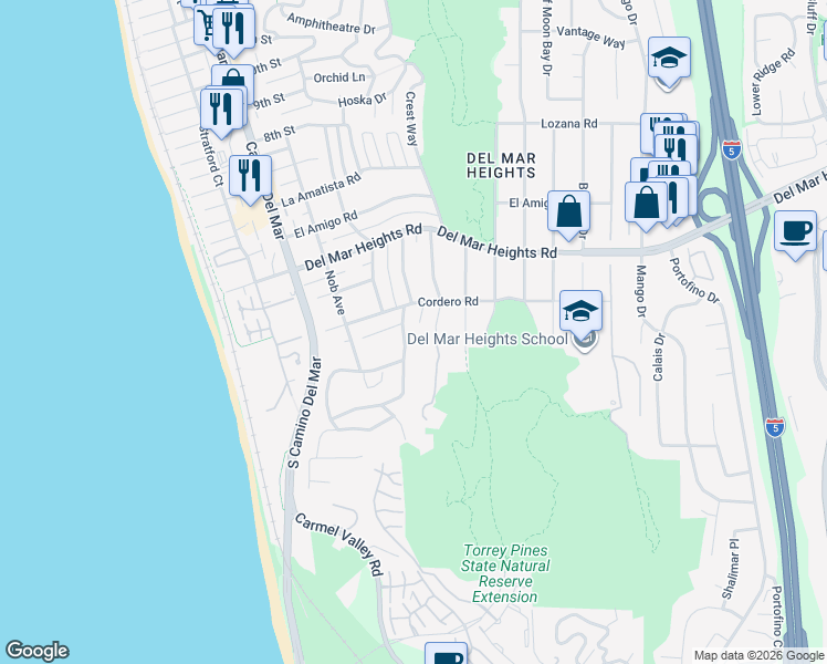 map of restaurants, bars, coffee shops, grocery stores, and more near 13635 Pine Needles Drive in Del Mar