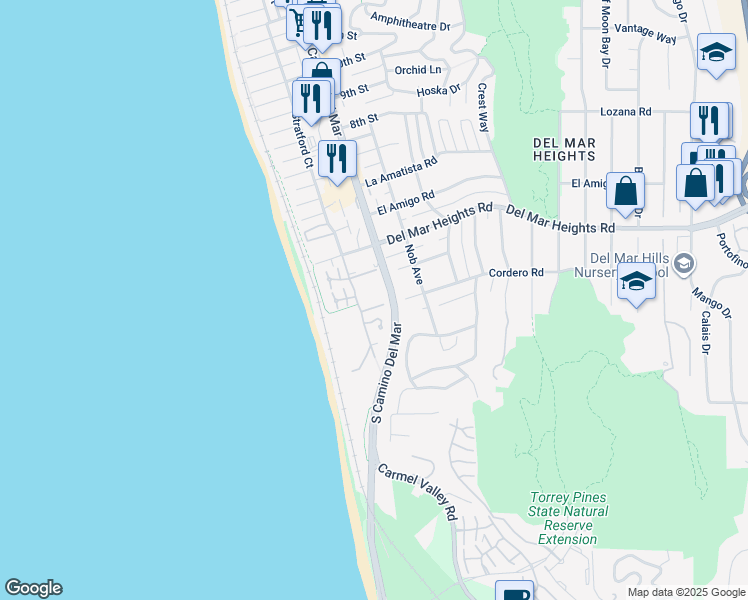 map of restaurants, bars, coffee shops, grocery stores, and more near 242 Dolphin Cove Court in Del Mar