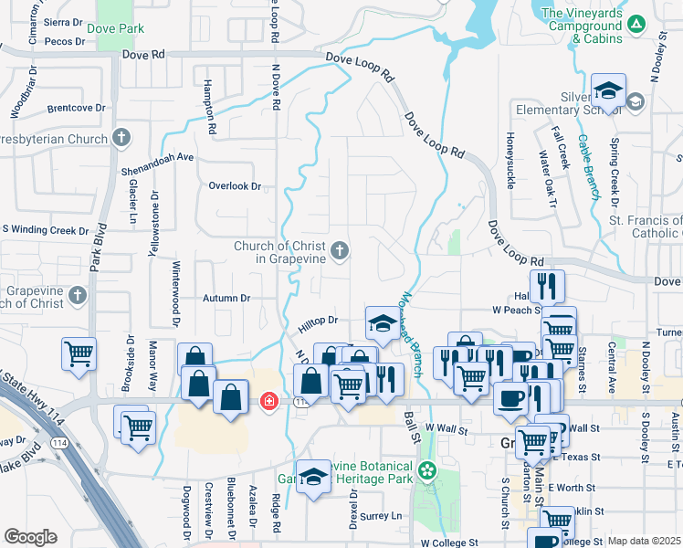 map of restaurants, bars, coffee shops, grocery stores, and more near 703 North Lucas Drive in Grapevine