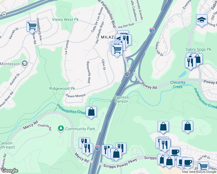 map of restaurants, bars, coffee shops, grocery stores, and more near 9789 Paseo Montril in San Diego