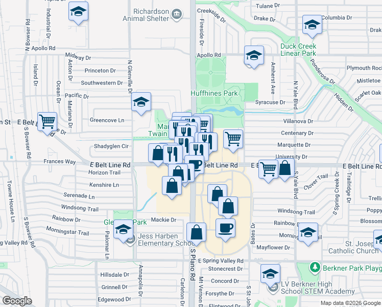 map of restaurants, bars, coffee shops, grocery stores, and more near 111 North Plano Road in Richardson