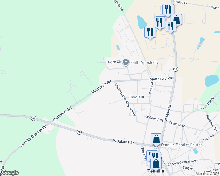 map of restaurants, bars, coffee shops, grocery stores, and more near 533 Martin Luther King Junior Boulevard in Tennille