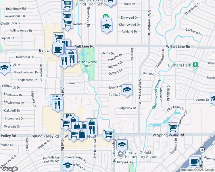 map of restaurants, bars, coffee shops, grocery stores, and more near 1244 Donna Drive in Richardson
