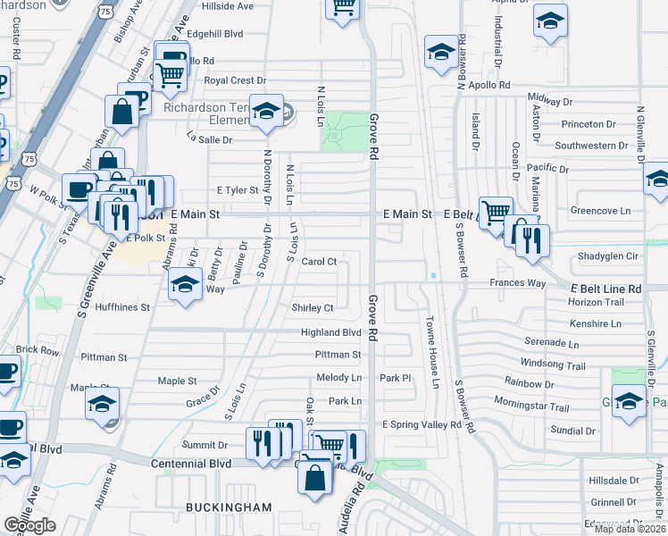 map of restaurants, bars, coffee shops, grocery stores, and more near 528 Carol Court in Richardson