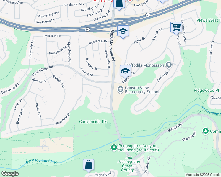 map of restaurants, bars, coffee shops, grocery stores, and more near 12675 Buckwheat Court in San Diego