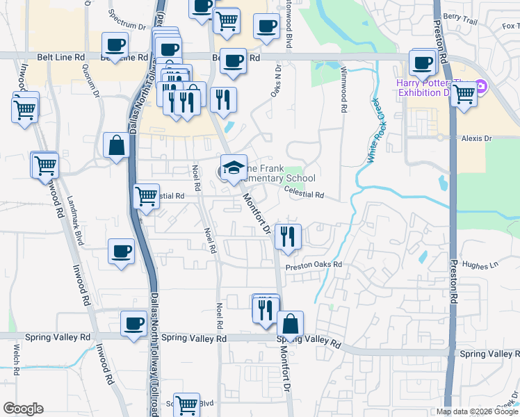 map of restaurants, bars, coffee shops, grocery stores, and more near 14725 Celestial Place in Dallas