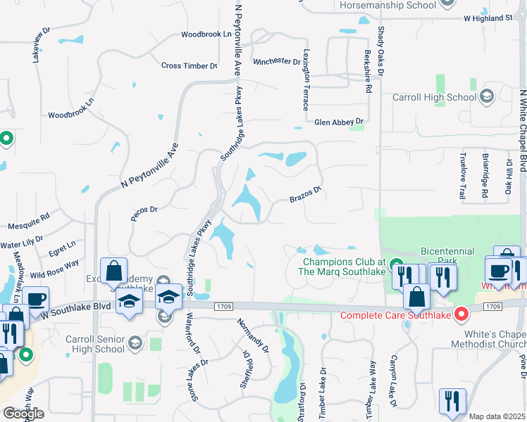 map of restaurants, bars, coffee shops, grocery stores, and more near 1201 Brazos Drive in Southlake