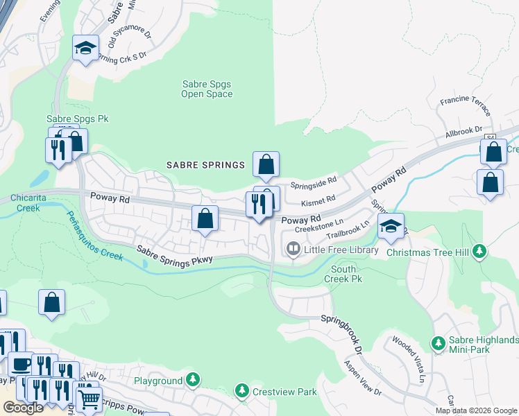 map of restaurants, bars, coffee shops, grocery stores, and more near 12672 Springbrook Drive in San Diego