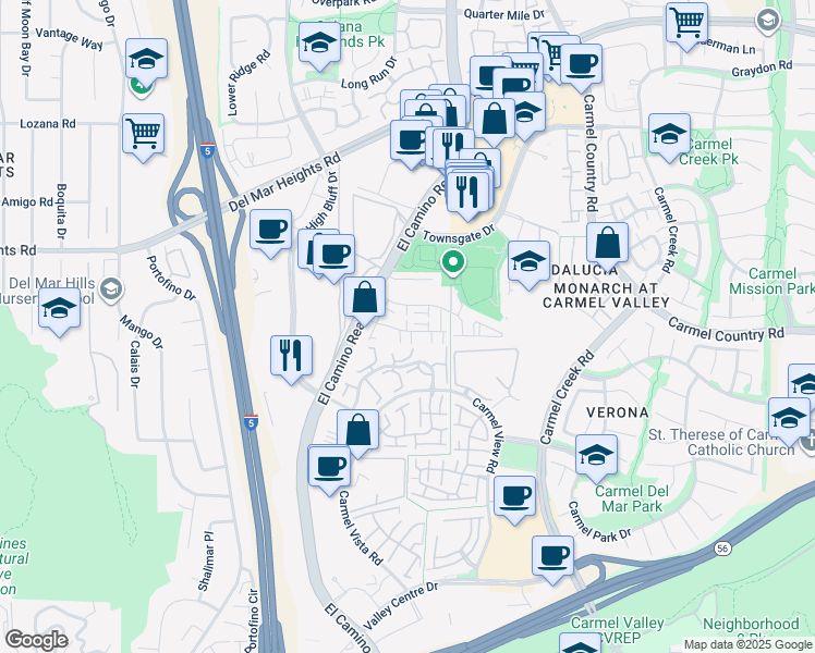 map of restaurants, bars, coffee shops, grocery stores, and more near 12543 El Camino Real in San Diego