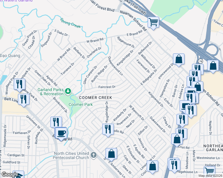 map of restaurants, bars, coffee shops, grocery stores, and more near 213 Willowcrest Drive in Garland