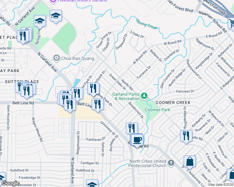 map of restaurants, bars, coffee shops, grocery stores, and more near 2806 Brookcrest Drive in Garland