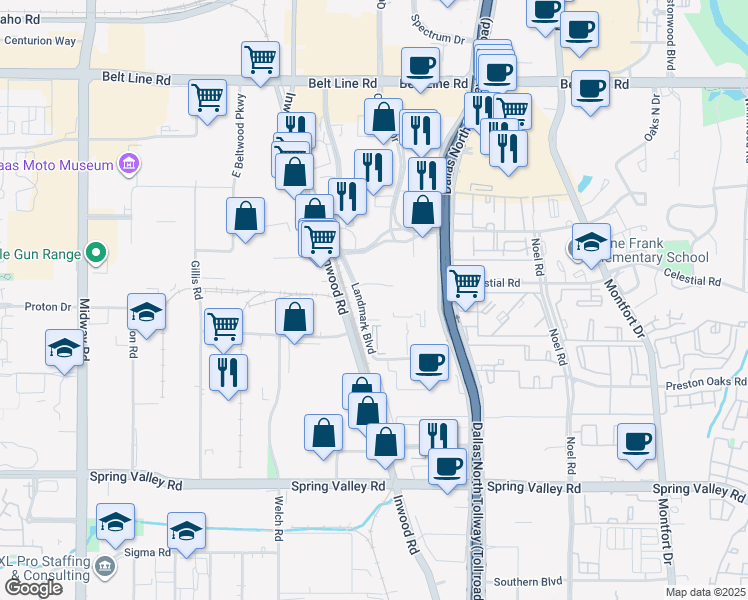 map of restaurants, bars, coffee shops, grocery stores, and more near 14650 Landmark Boulevard in Dallas