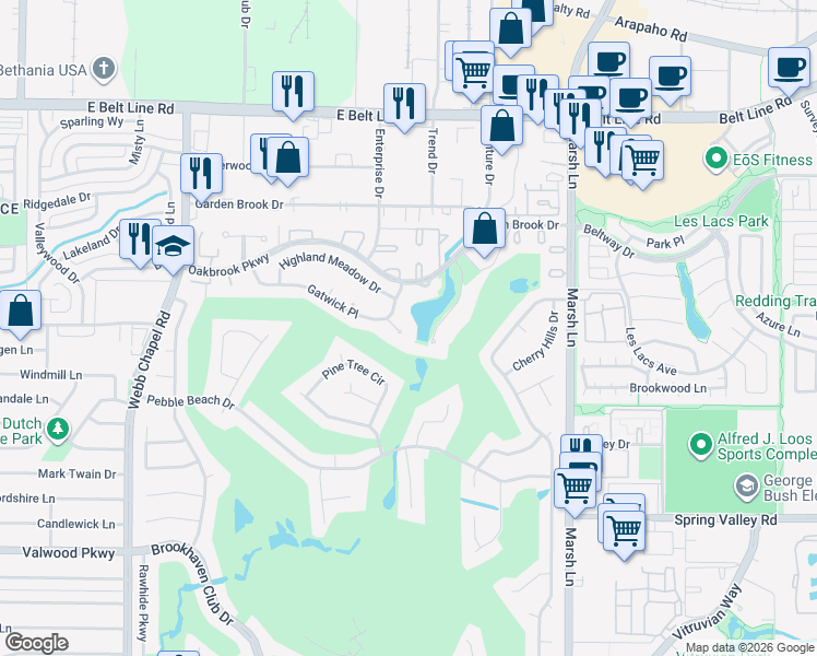 map of restaurants, bars, coffee shops, grocery stores, and more near 3420 Lake Country Court in Farmers Branch