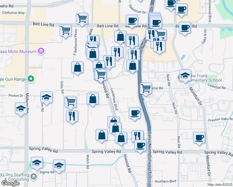 map of restaurants, bars, coffee shops, grocery stores, and more near 14650 Landmark Boulevard in Dallas