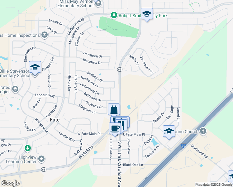 map of restaurants, bars, coffee shops, grocery stores, and more near 601 North William E Crawford Avenue in Rockwall