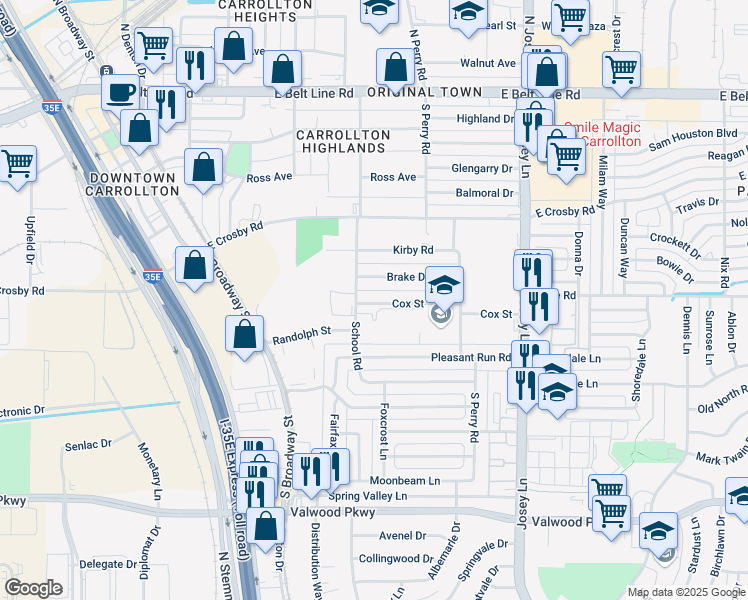 map of restaurants, bars, coffee shops, grocery stores, and more near 1601 South Perry Road in Carrollton