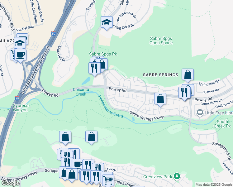 map of restaurants, bars, coffee shops, grocery stores, and more near 10952 Creekbridge Place in San Diego