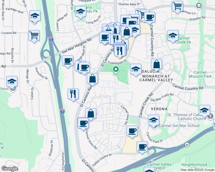 map of restaurants, bars, coffee shops, grocery stores, and more near 12543 El Camino Real in San Diego