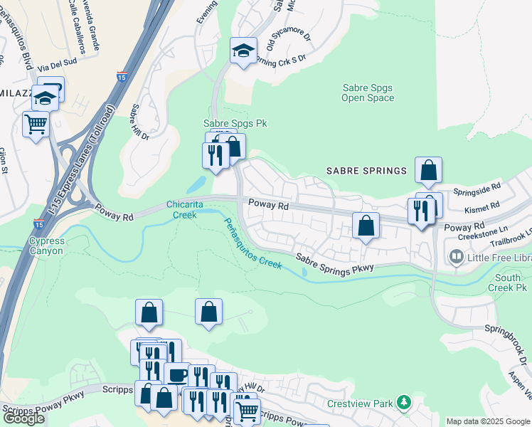 map of restaurants, bars, coffee shops, grocery stores, and more near 10952 Creekbridge Place in San Diego