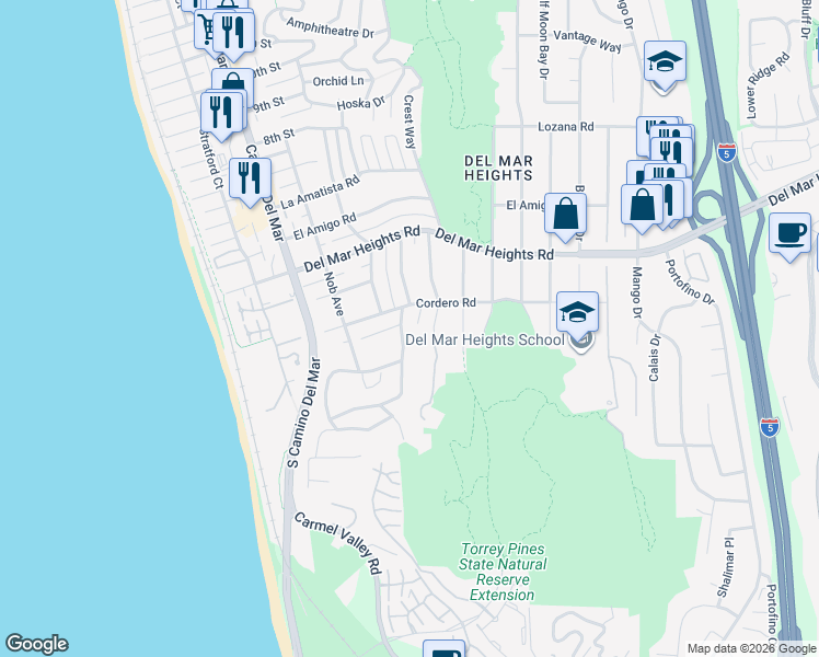 map of restaurants, bars, coffee shops, grocery stores, and more near 13645 Pine Needles Drive in Del Mar