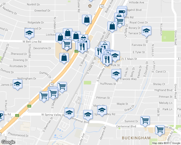 map of restaurants, bars, coffee shops, grocery stores, and more near 101 East Phillips Street in Richardson