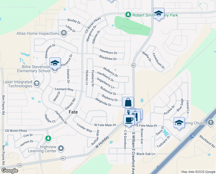 map of restaurants, bars, coffee shops, grocery stores, and more near 405 Sugar Berry Lane in Rockwall