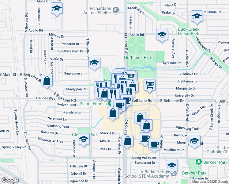 map of restaurants, bars, coffee shops, grocery stores, and more near 111 N Plano Rd in Richardson