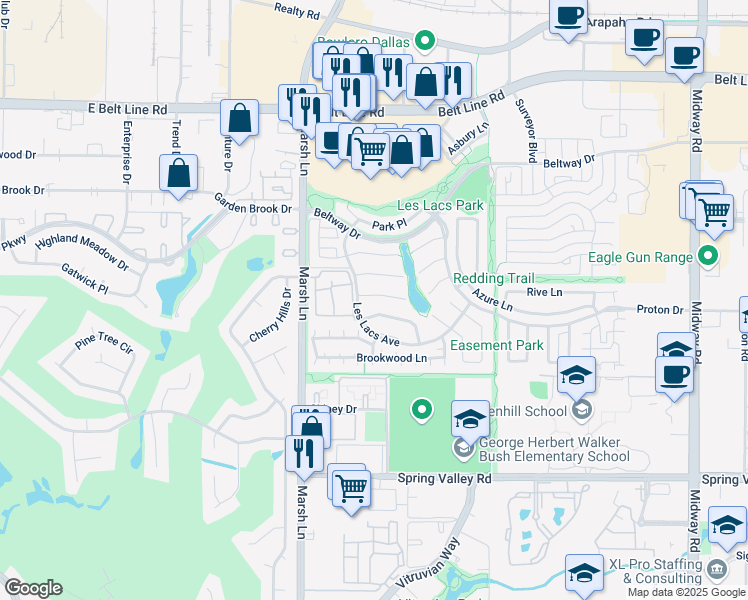map of restaurants, bars, coffee shops, grocery stores, and more near 3789 Waterford Drive in Addison