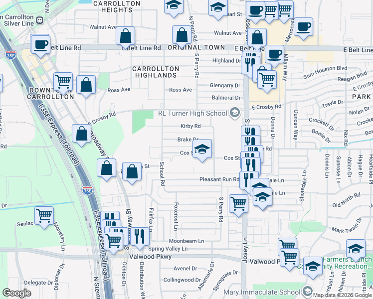map of restaurants, bars, coffee shops, grocery stores, and more near 1721 Cox Street in Carrollton