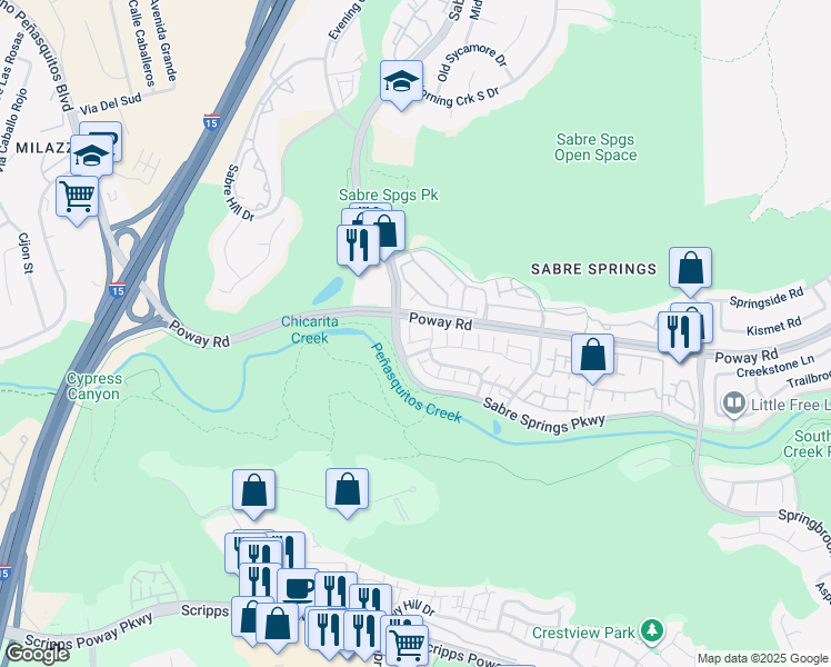map of restaurants, bars, coffee shops, grocery stores, and more near 10942 Creekbridge Place in San Diego