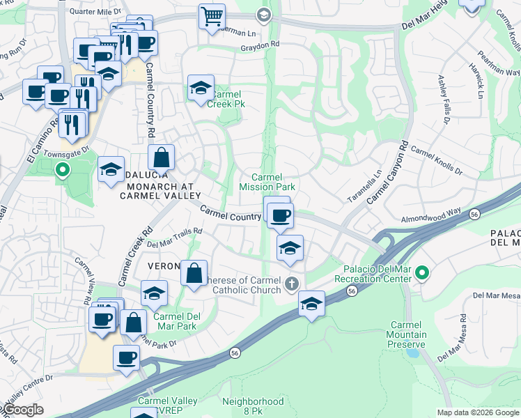 map of restaurants, bars, coffee shops, grocery stores, and more near 12698 Portada Place in San Diego
