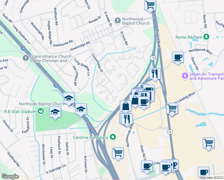 map of restaurants, bars, coffee shops, grocery stores, and more near 8011 Shadow Oak Drive in North Charleston
