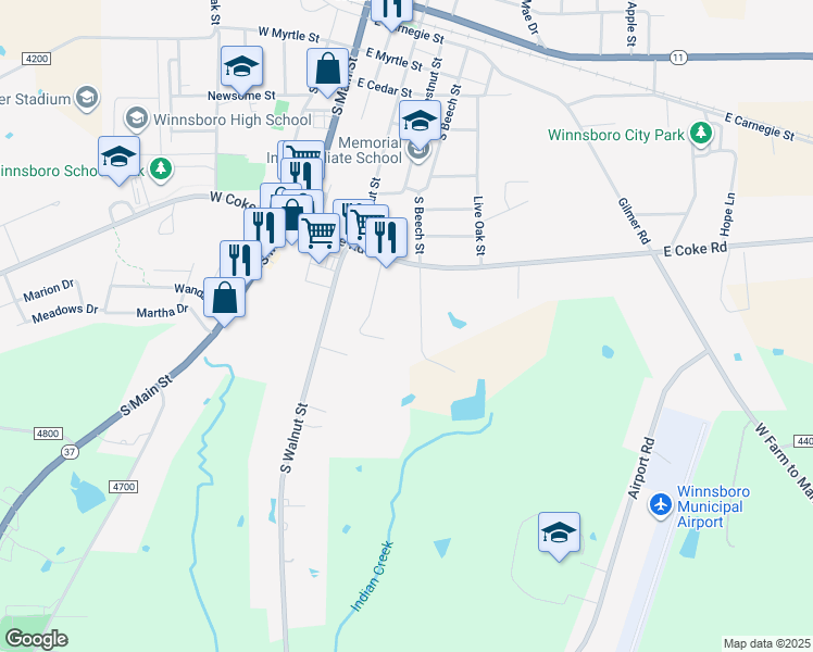 map of restaurants, bars, coffee shops, grocery stores, and more near 910 South Beech Street in Winnsboro