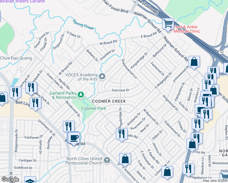 map of restaurants, bars, coffee shops, grocery stores, and more near 305 Kingsbridge Drive in Garland