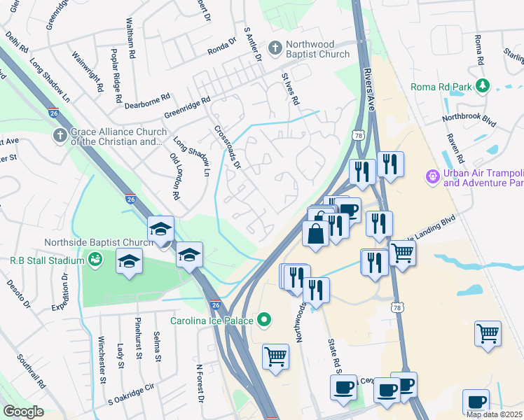 map of restaurants, bars, coffee shops, grocery stores, and more near 8011 Shadow Oak Drive in North Charleston