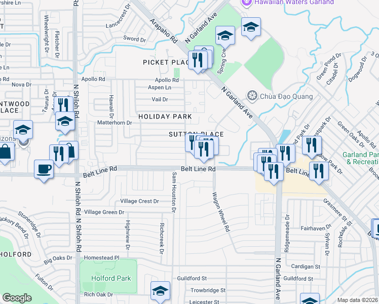 map of restaurants, bars, coffee shops, grocery stores, and more near 1830 Highbrook Court in Garland