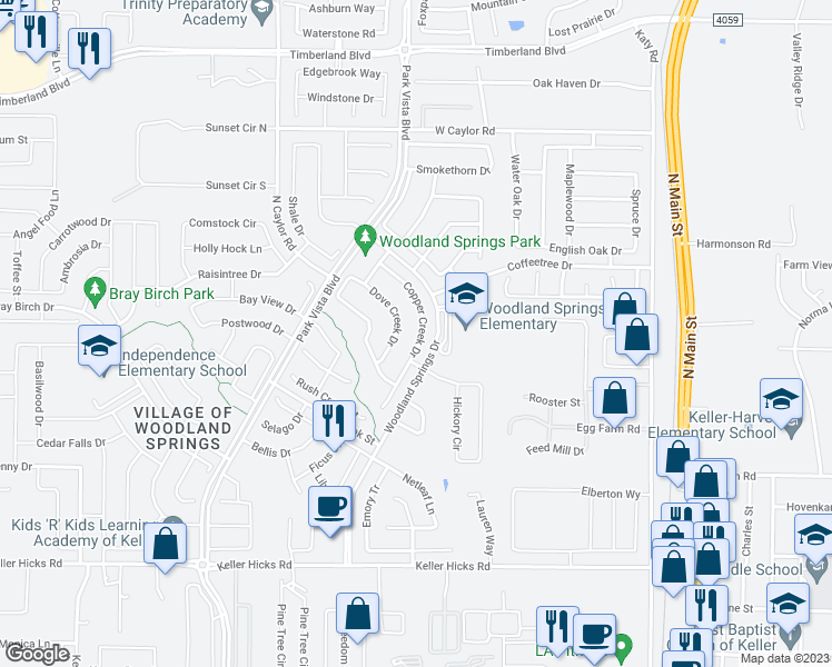 map of restaurants, bars, coffee shops, grocery stores, and more near 12117 Copper Creek Drive in Fort Worth