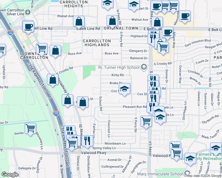 map of restaurants, bars, coffee shops, grocery stores, and more near 1721 Cox Street in Carrollton